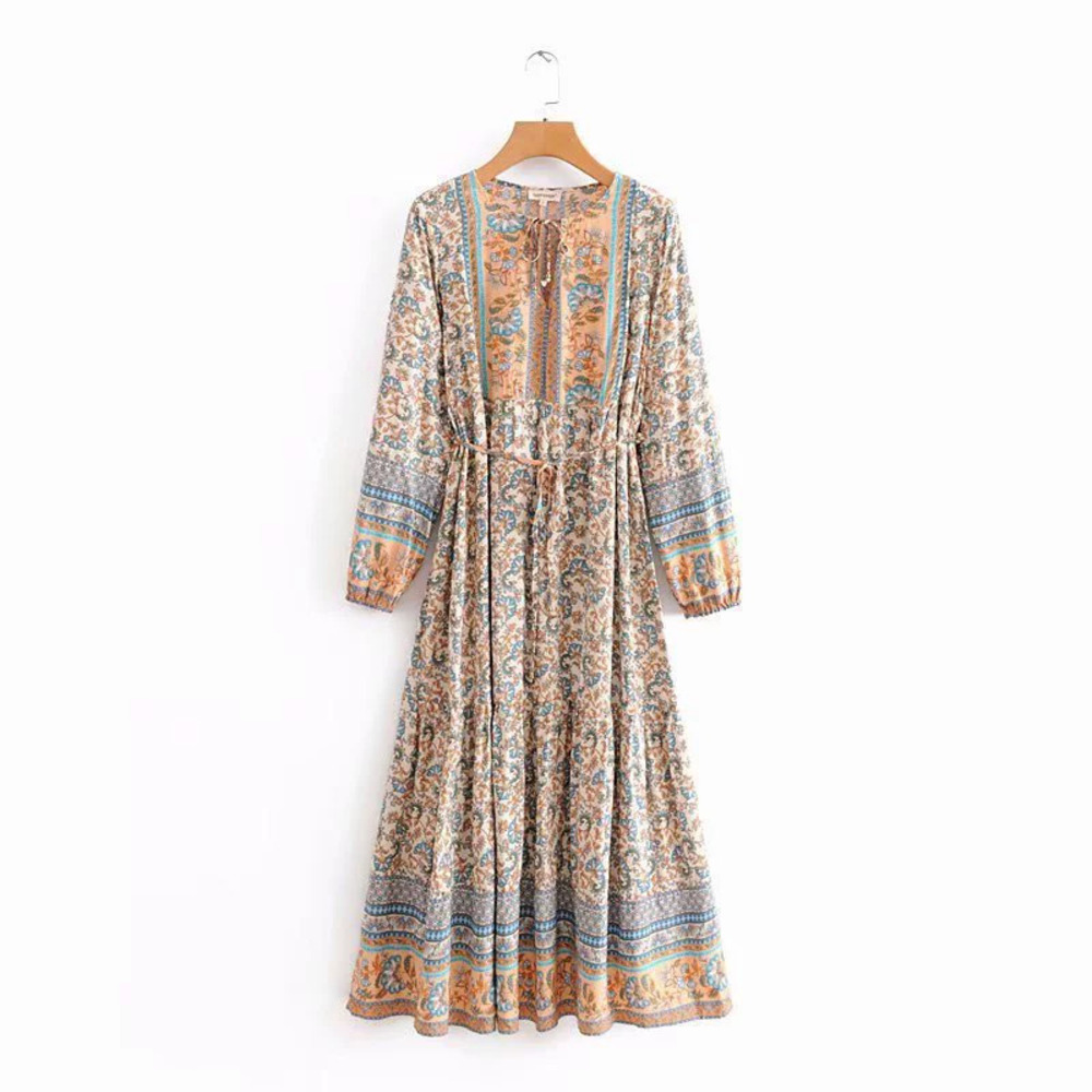 Long Sleeve Placement Print Rayon Maxi Dress